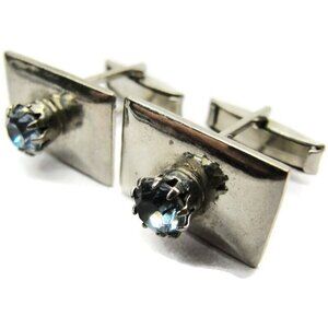 Blue Center Rectangle Silver Tone Cufflinks Tux Shirt Dress Suit Vintage